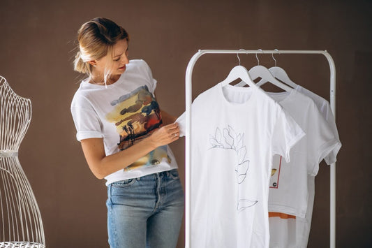 Woman reviewing print quality on shirts to compare DTF vs. DTG printing methods.