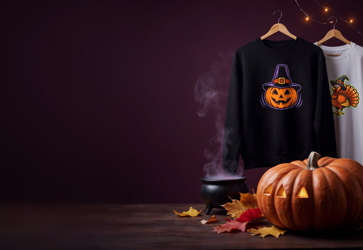 Halloween and Thanksgiving DTF transfer shirts on hangers beside a carved pumpkin